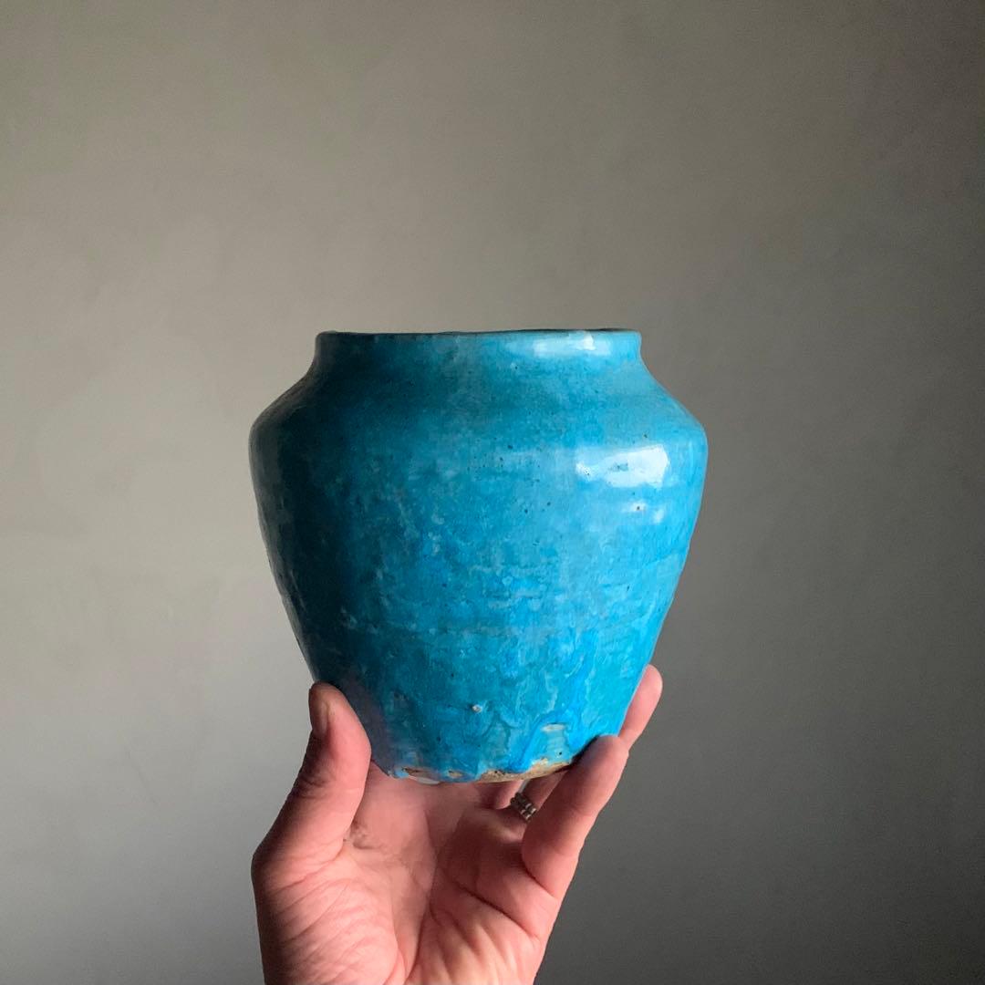 鮮やかな ターコイズブルー 壺 古道具 アンティーク 花器