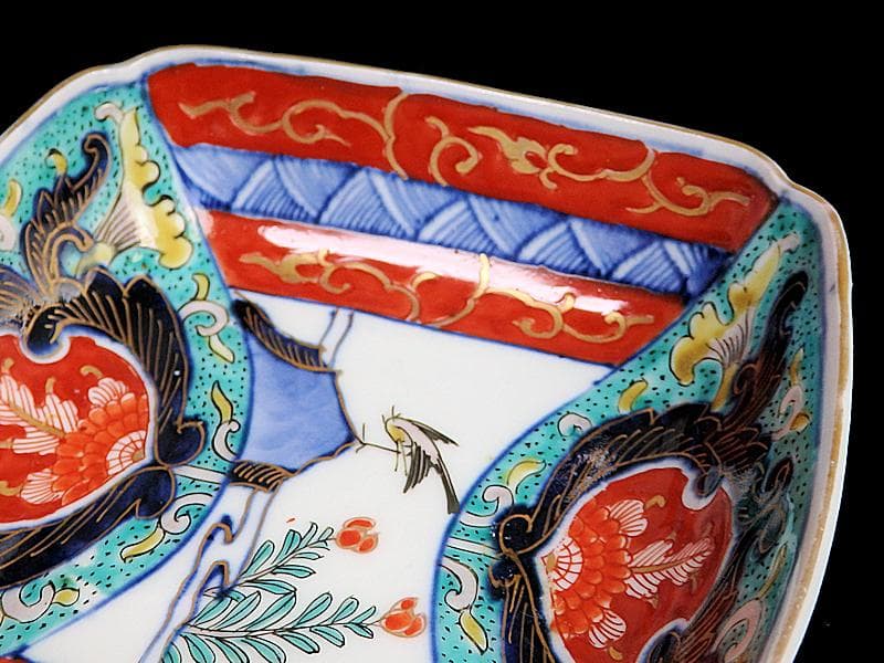 古伊万里　色絵　窓絵　花鳥紋の図　四方角皿　5客　1221AS-BFg