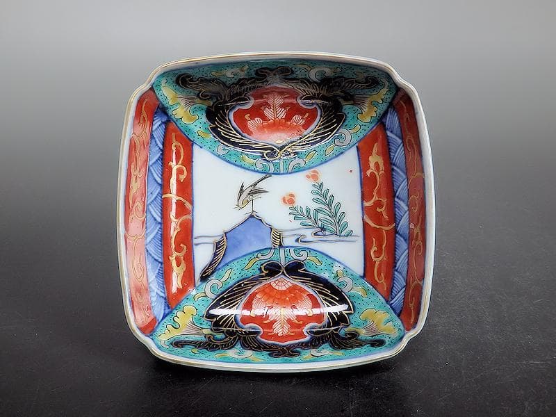 古伊万里　色絵　窓絵　花鳥紋の図　四方角皿　5客　1221AS-BFg