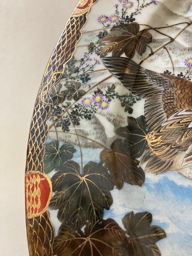 明治手描き夫婦雁と牡丹大皿2枚縁起時代〈検 横濱焼隅田焼眞葛焼