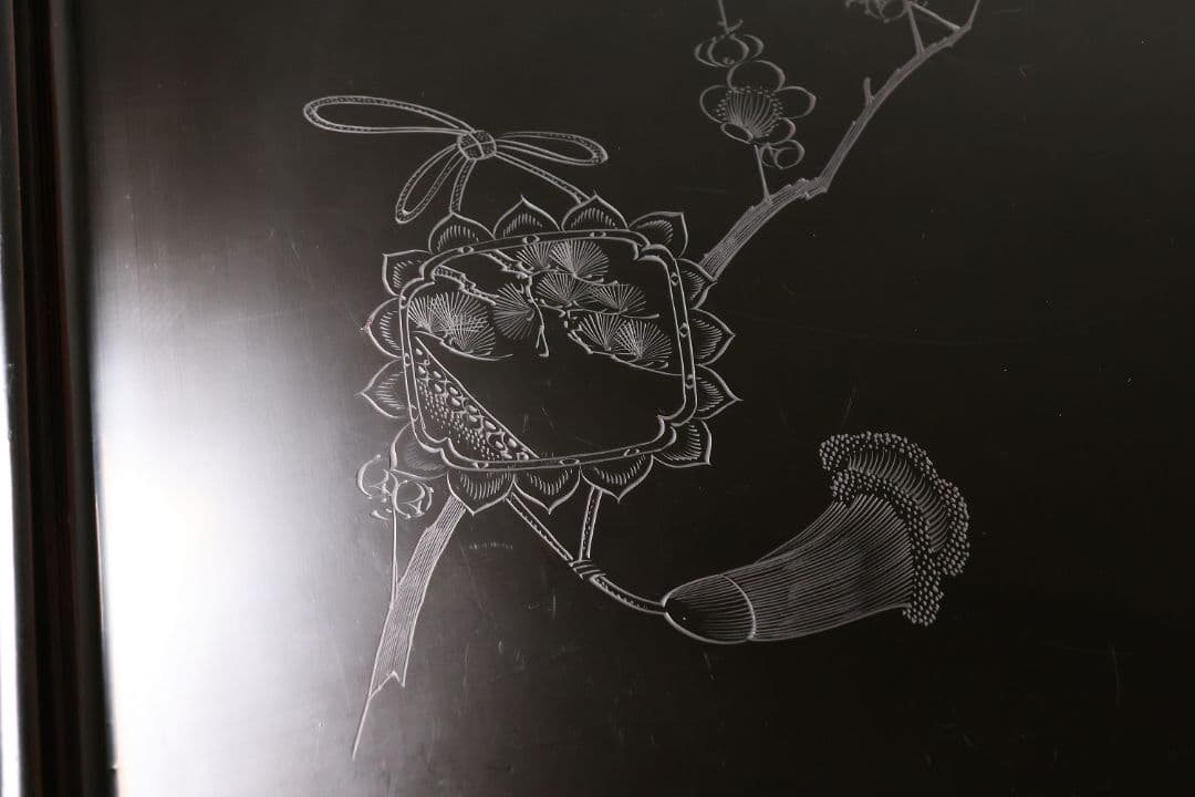 大正 本堅地 黒艶消 風鎮松竹梅 沈金 会席膳 十客 木製漆器【CM182】