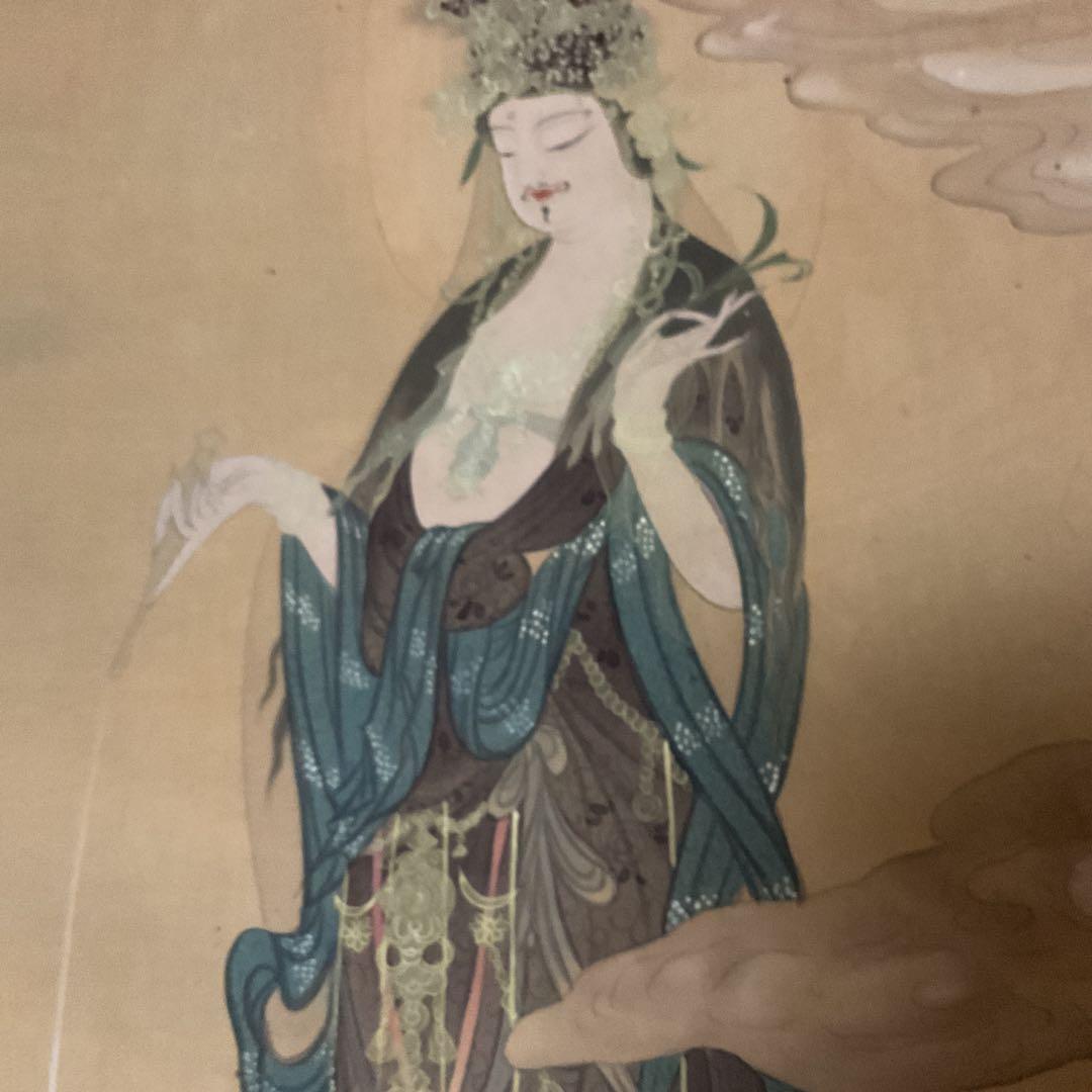 狩野芳崖 絹本彩色画 【 悲母観音図 】 未鑑定品。肉筆画 模写。落款印譜在