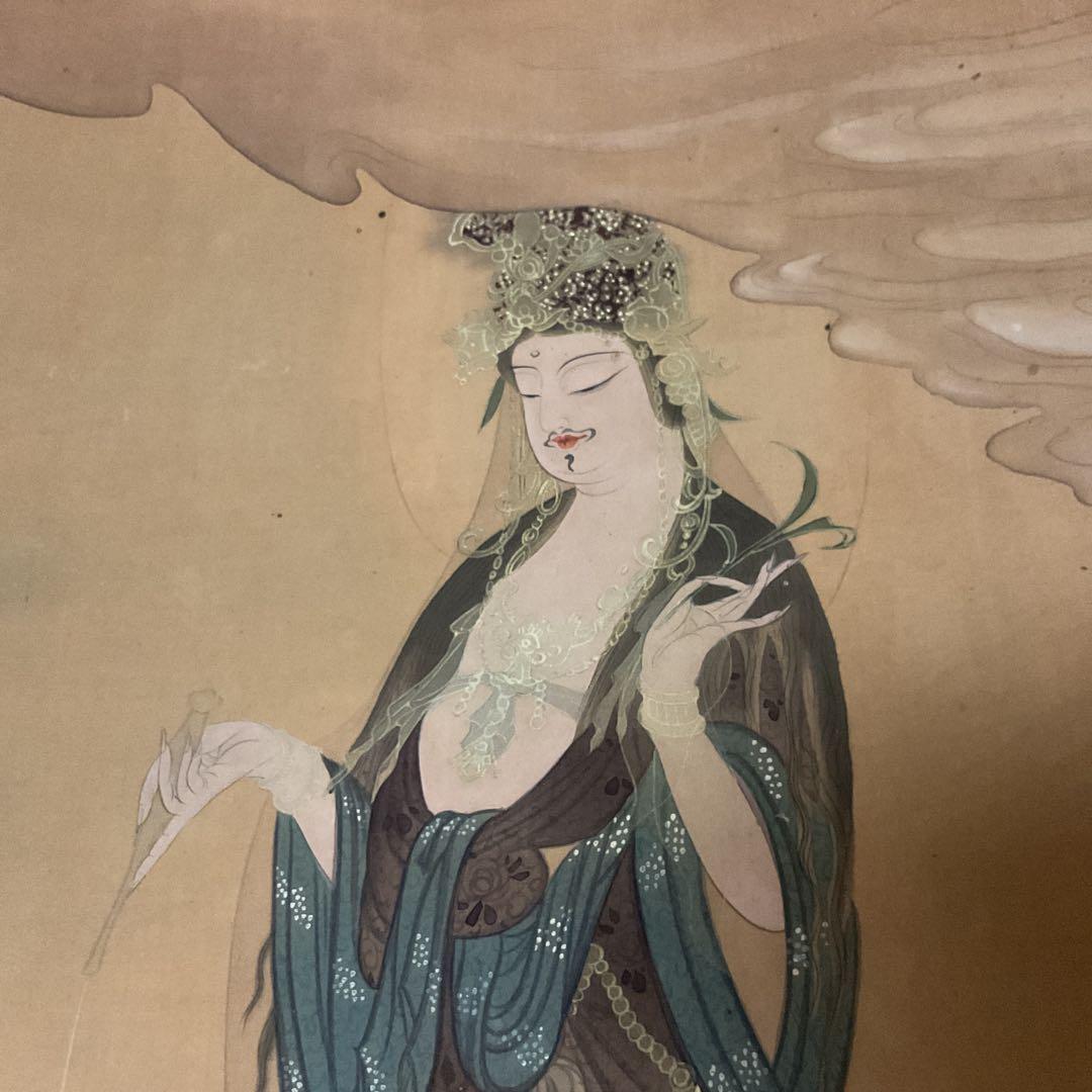 狩野芳崖 絹本彩色画 【 悲母観音図 】 未鑑定品。肉筆画 模写。落款印譜在