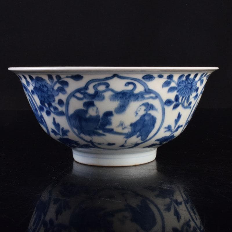 中国 大明萬暦年製款 青花 山水人物文碗 V 8711