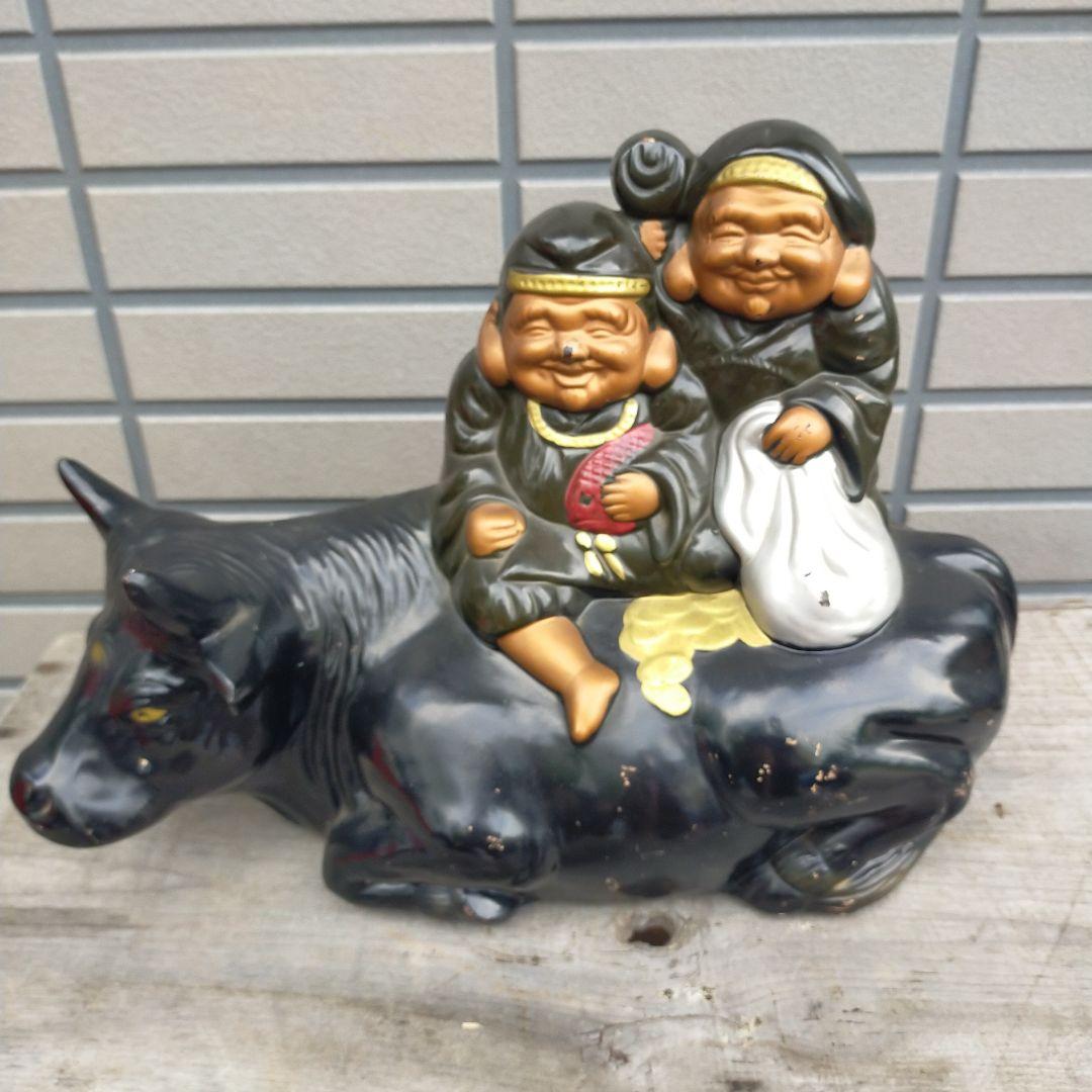 送料無料 幸福 黒牛 恵比寿様 大黒天様 七福神 置物 レトロ オブジェ