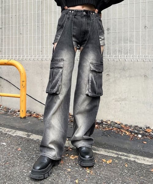 スパイラルガール 2WAYカーゴオーバーダイデニム ブラックデニム