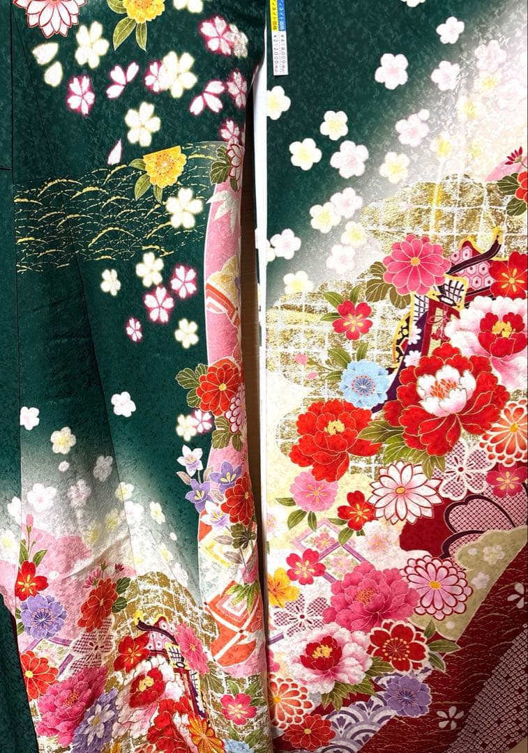 グリーン 花々 御所車 振袖 身丈151 Sサイズ 振袖 身丈158cm 裄丈63cm