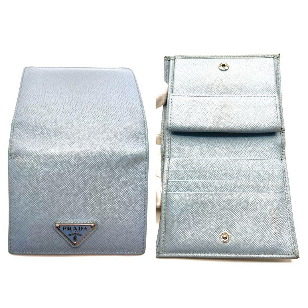 美品/現行✨プラダ 二つ折り財布 三角ロゴ レザー RFID ライトブルー