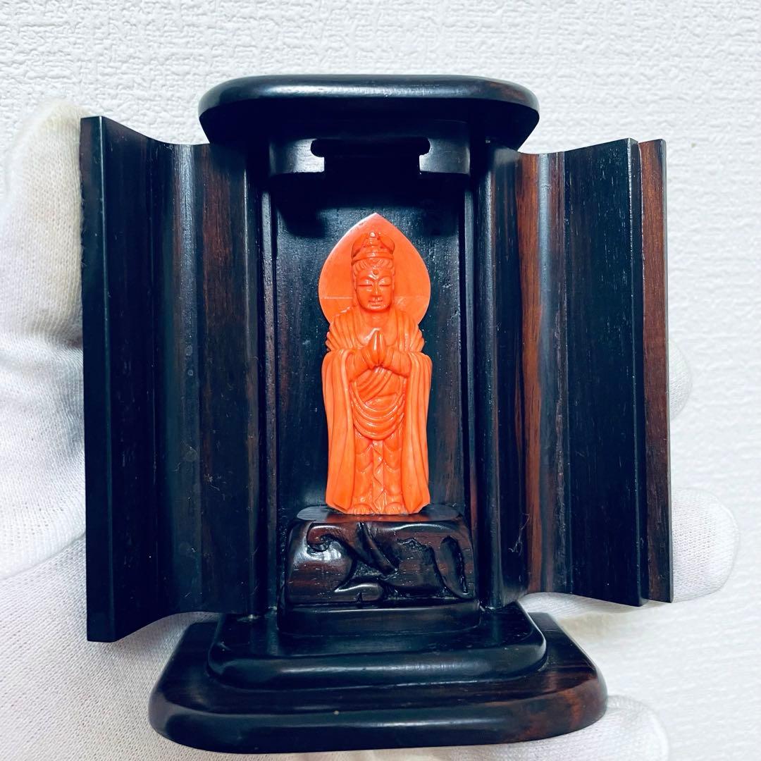 珊瑚彫刻 赤珊瑚 本珊瑚 天然珊瑚置物 仏像 普賢菩薩 御本尊 厨子
