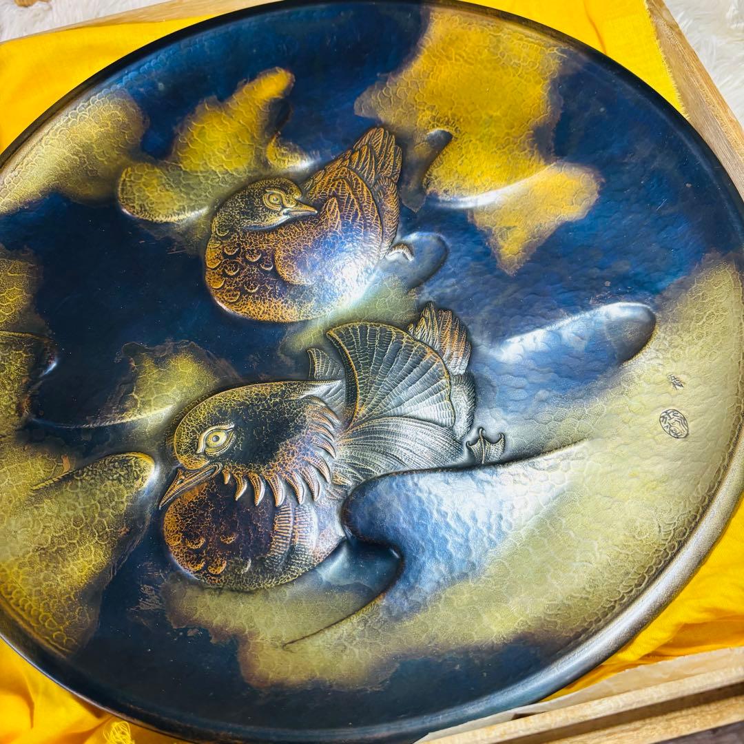 超希少作 玉川堂 五代 鴛番 おしどり 大額皿 鎚起銅器 三条