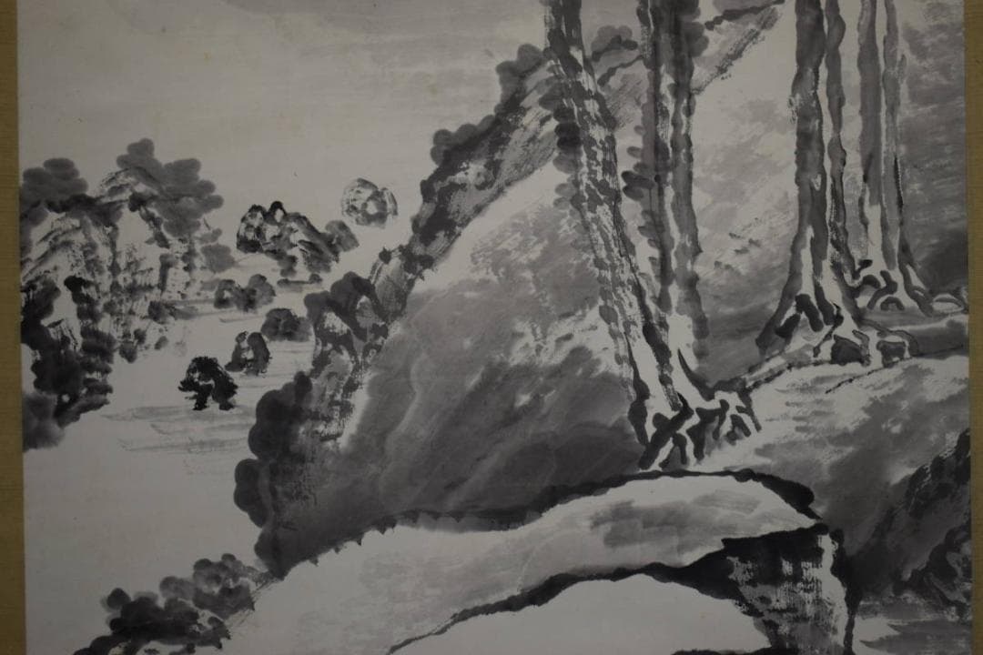 真作/松山/深渓群鳥図/桐共箱付/布袋屋掛軸HI-143