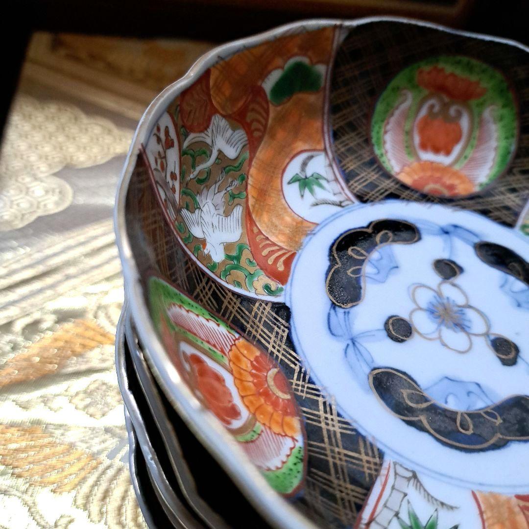 古伊万里 アンティーク 懐石皿 なます皿 染錦 5寸 6客揃 色絵