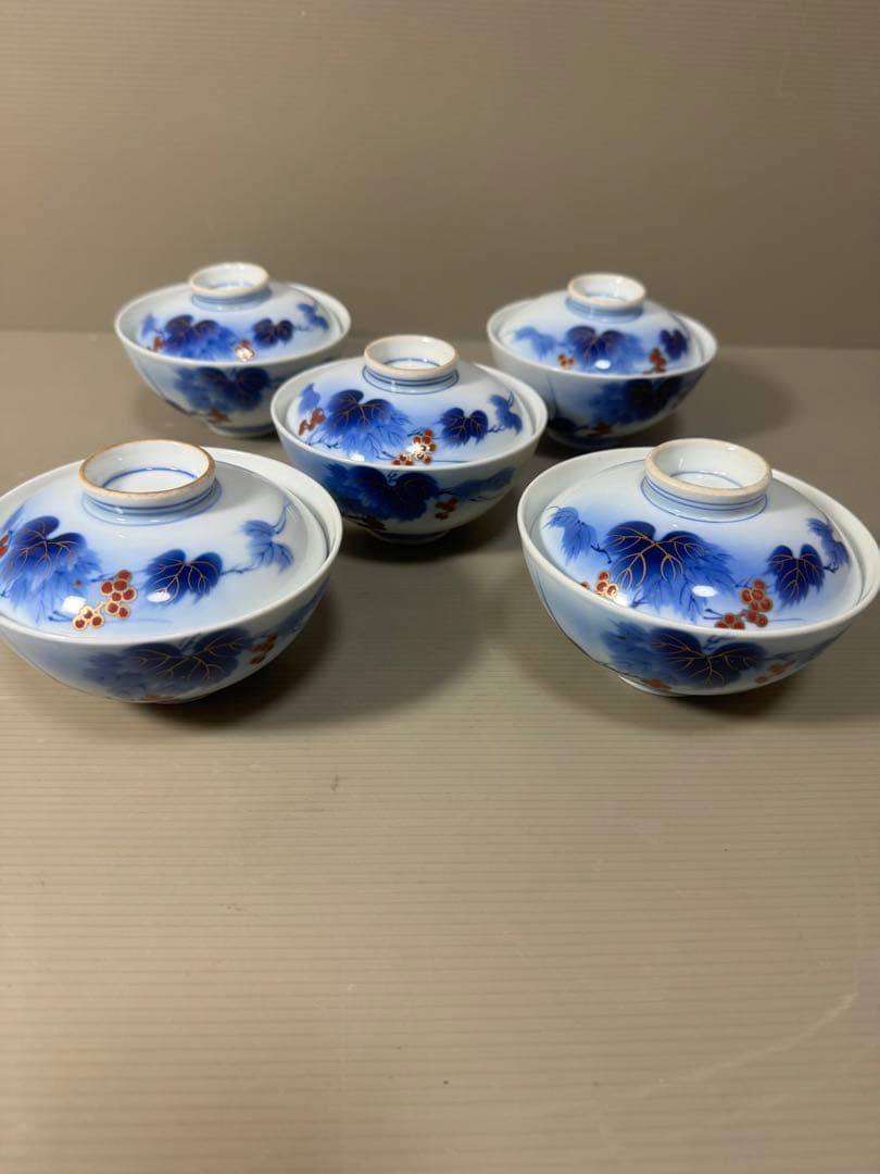 2211 有田焼 芳祥堂特製 葡萄瑠璃 蓋茶碗 5客