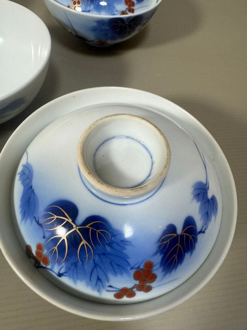 2211 有田焼 芳祥堂特製 葡萄瑠璃 蓋茶碗 5客