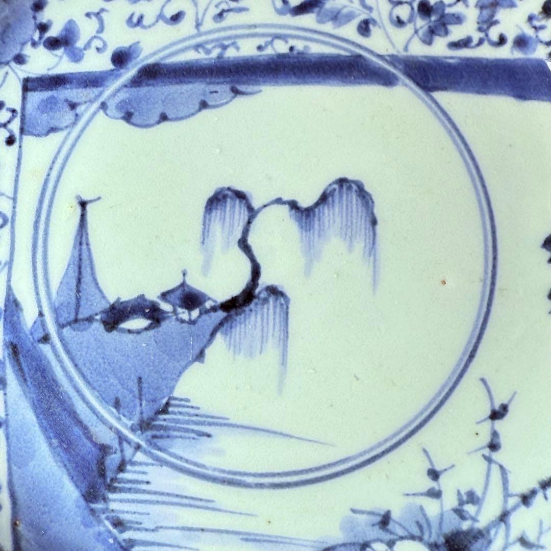 1700年代 江戸時代 古伊万里 染付花唐草風景図輪花皿 5