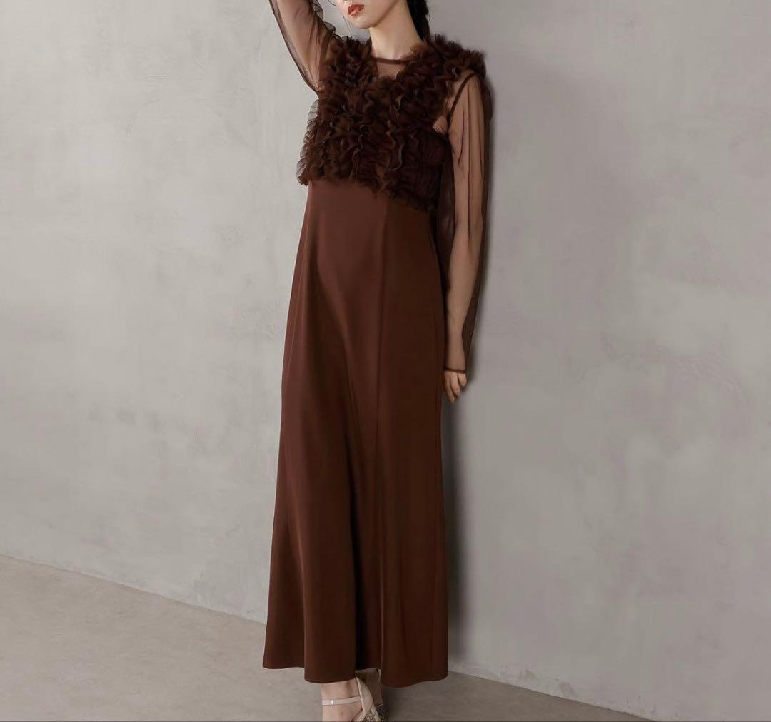 kanaブラウン フリル ロングドレス 販売 中