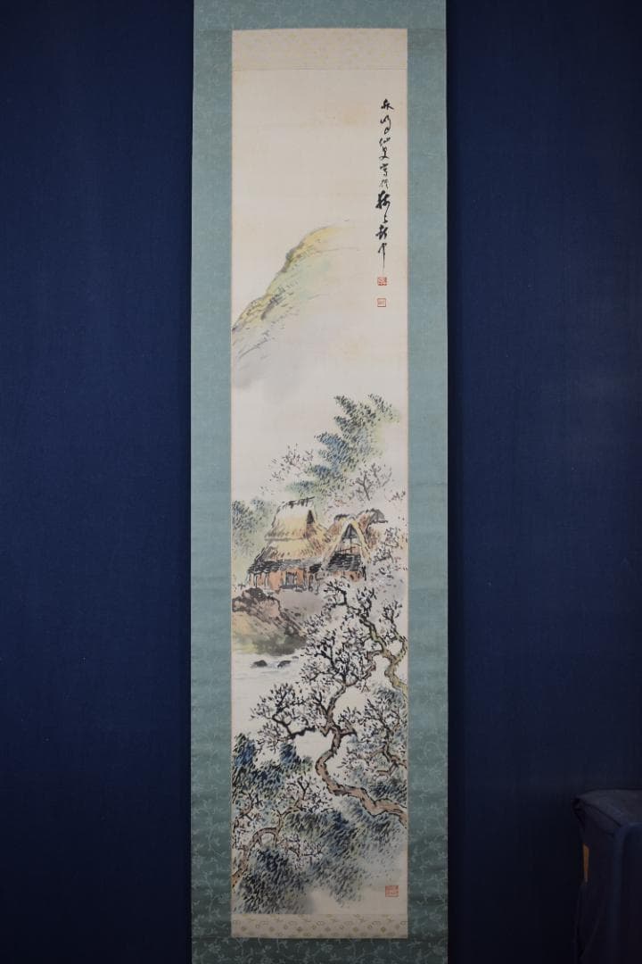 真作】秋峰/梅花山水図/山家梅花図/掛軸☆宝船☆Y-