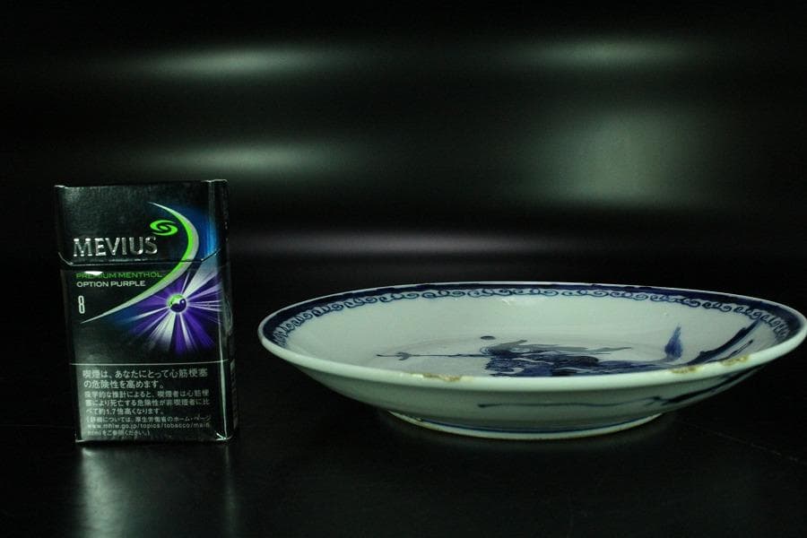 中国美術 青花 馬上武人紋 盤 φ21cm 古染付 清(K-RC962)