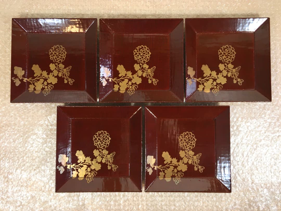 【四君子】時代漆器 盆 ２０枚 5枚1組4セット 木箱付き 布目盆 【美品】