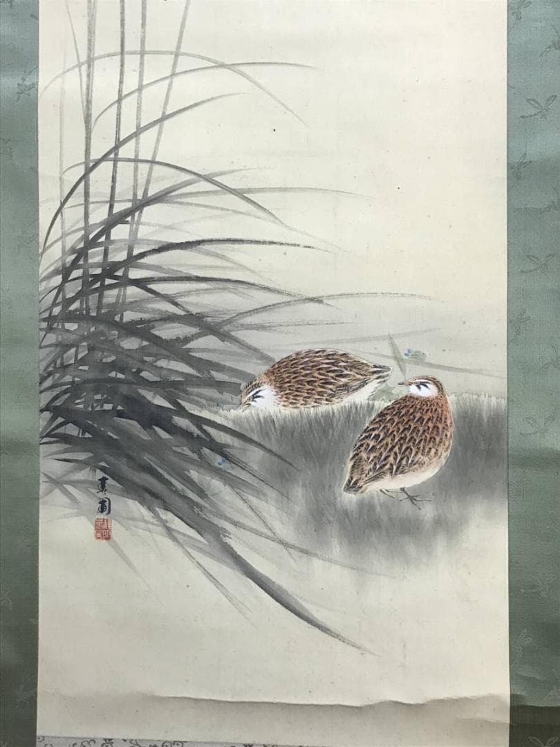 【真作】神阪春圃/ウズラ図/鶉図/花鳥図/掛軸/名家伝来/AD-82