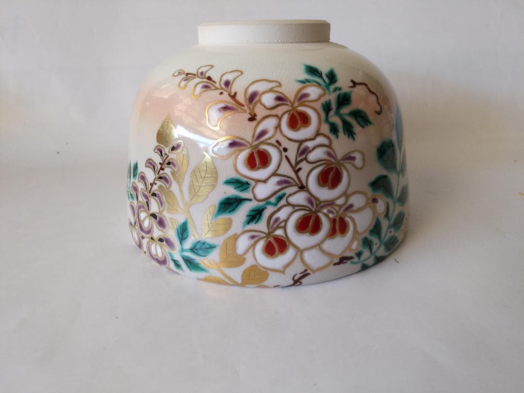 押小路窯 庄左ェ門 作 色絵「藤」茶碗 押小路焼 共箱 共布 栞