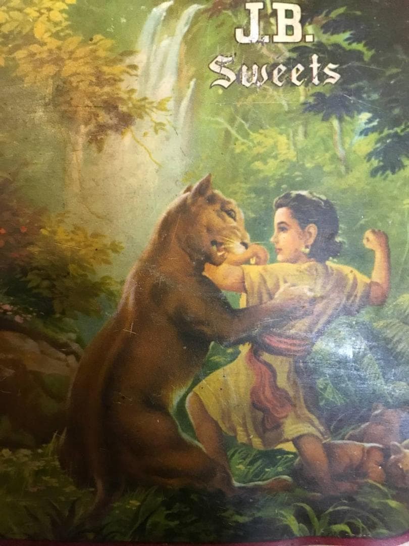 ブリキ缶 1950年代 インドのキャンディ缶 森の美女のリトグラフ