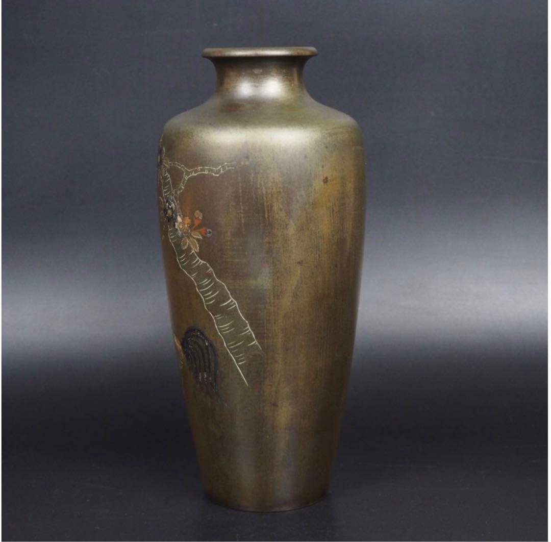 送料無料 幕末～明治期 金銀象嵌銅製花瓶 在銘 高さ24cm 鉄地