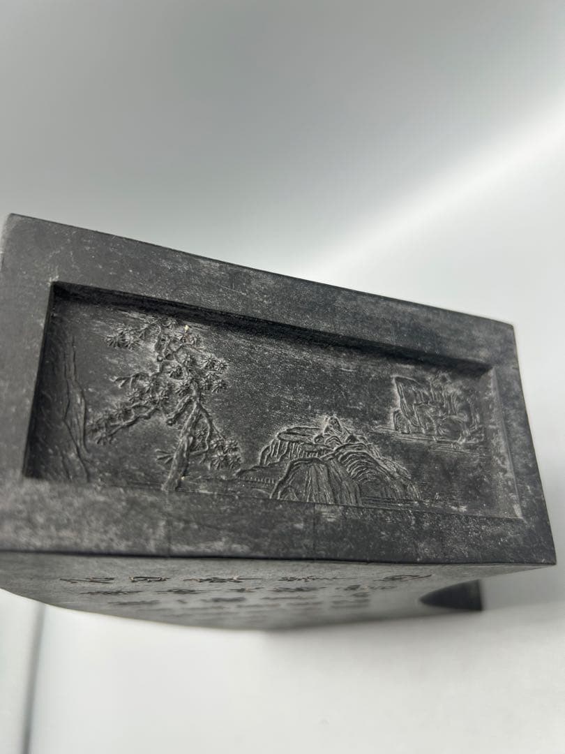 骨董品】中国 古墨 扇形硯箱 石材 風景彫刻