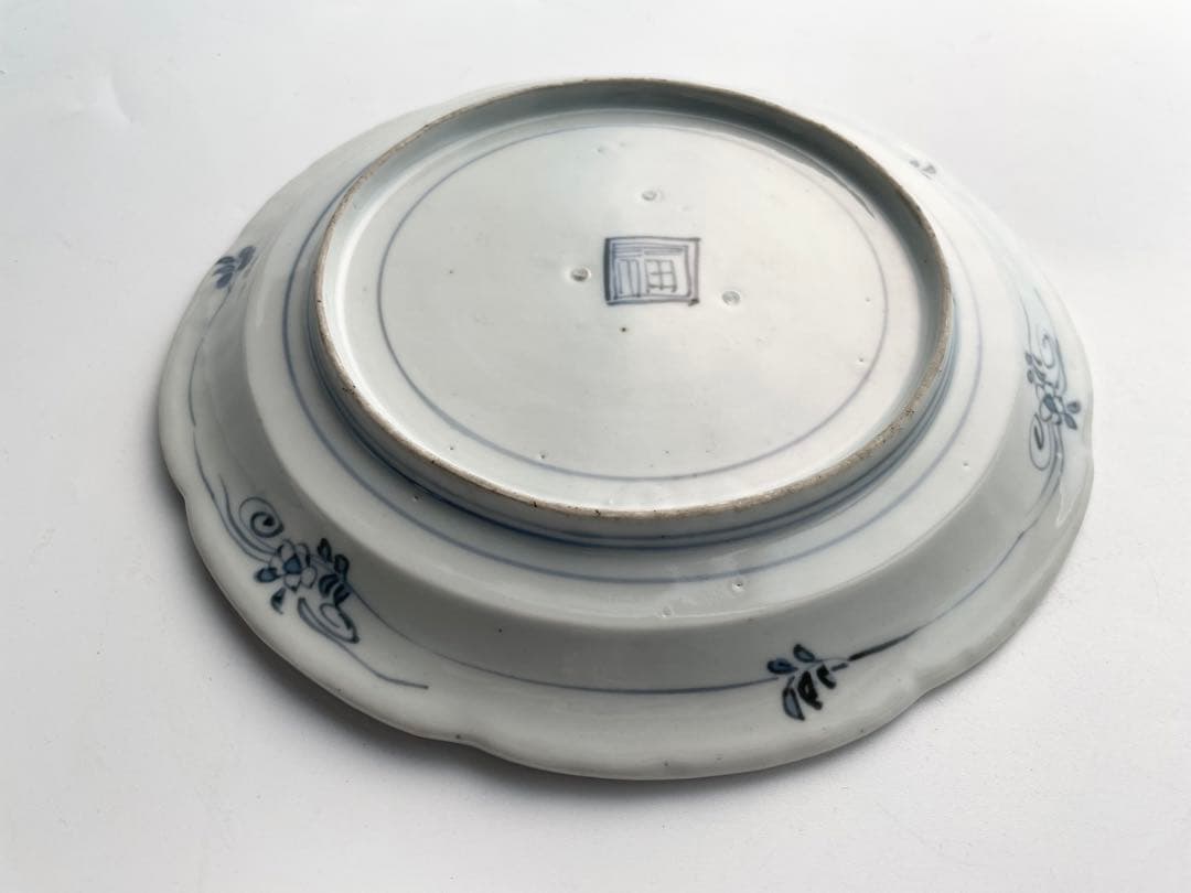 骨董アンティーク藍柿右衛門染付花鳥文輪花七寸皿白磁古伊万里藍九谷