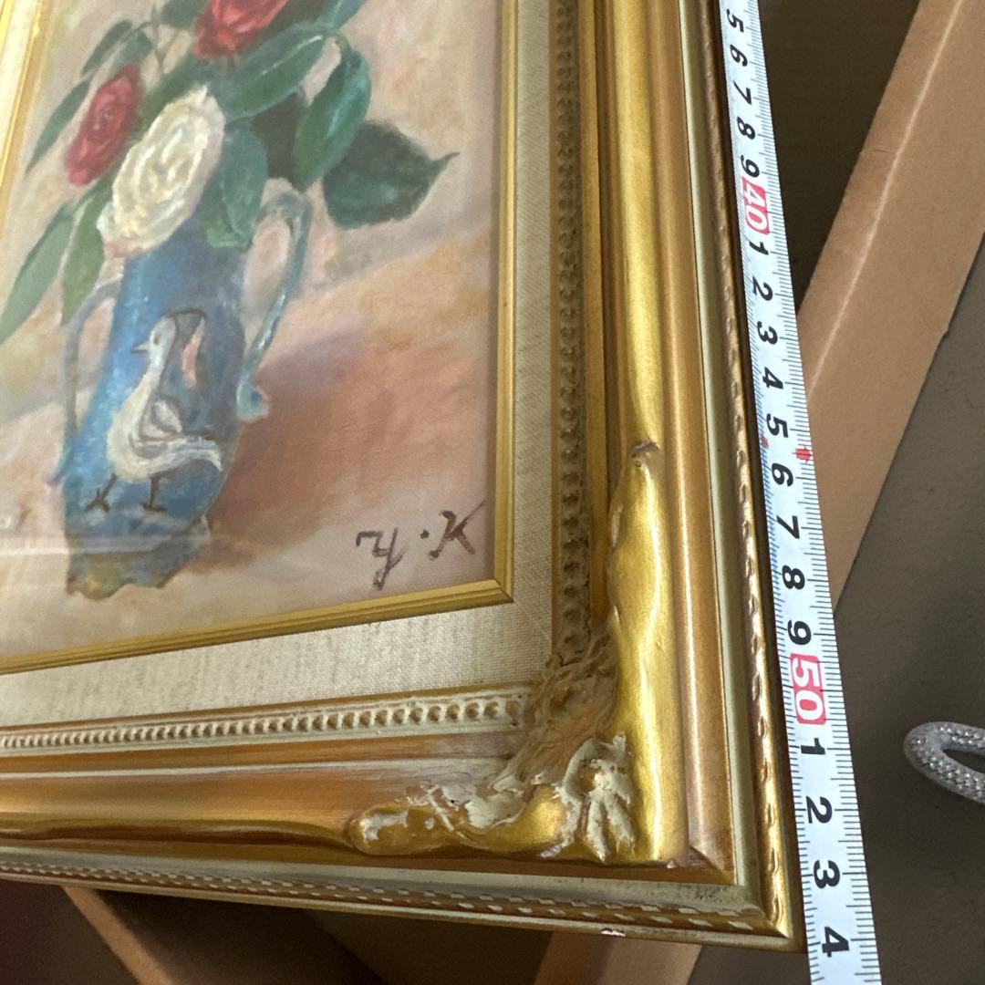 とても雰囲気のよい優しいバラと鳥の絵 油彩画 花瓶のバラ ヴィンテージ