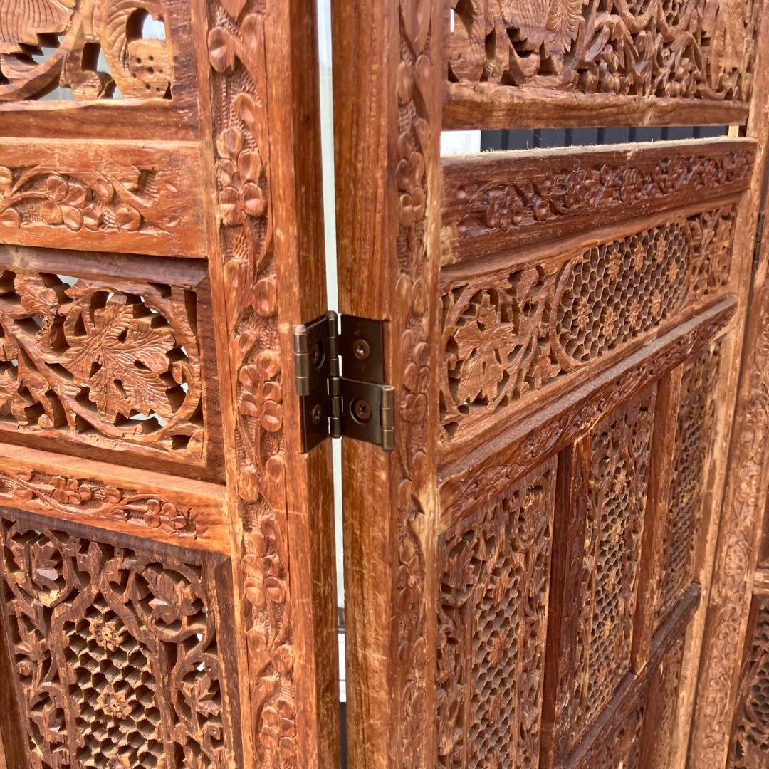 アジアンレトロ 装飾彫り 透かし彫り 木製 4連パーテーション 間仕切り