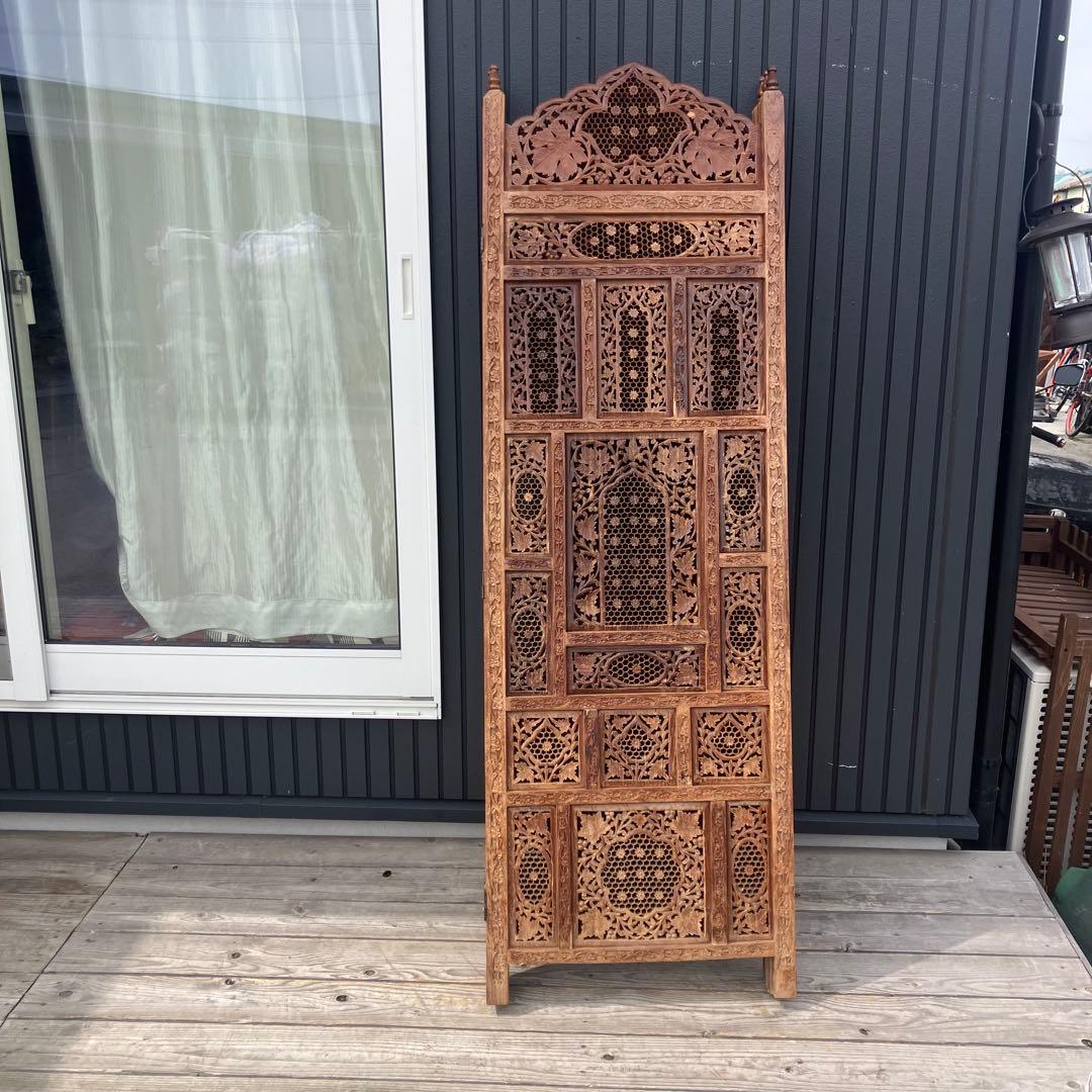 アジアンレトロ 装飾彫り 透かし彫り 木製 4連パーテーション 間仕切り