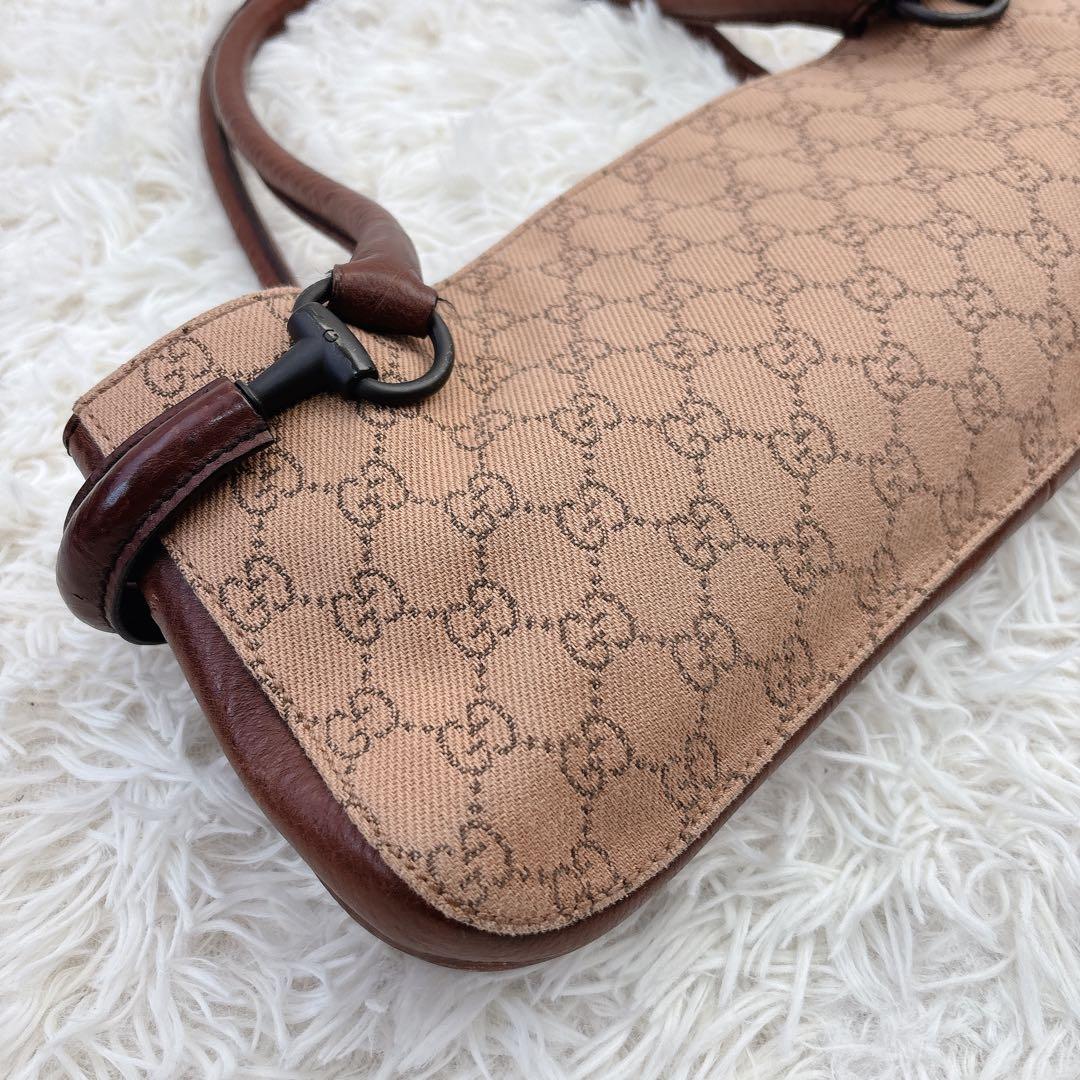 GUCCI グッチ　ハンドバッグ　GG　ホースビット　ブラウン　ビンテージ