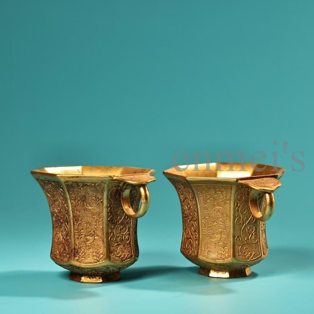 中国古美術・珍蔵純銅製・鎏金・錾花彫刻・八角彫刻酒杯セット・茶道具・風水置物