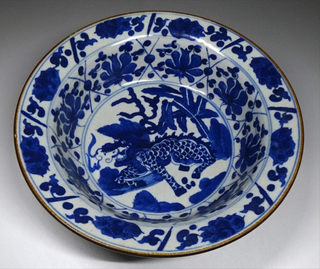 中国古玩 南京 青花麒麟文 鉢 大明萬暦年製 幅約24cm 唐物 c030416