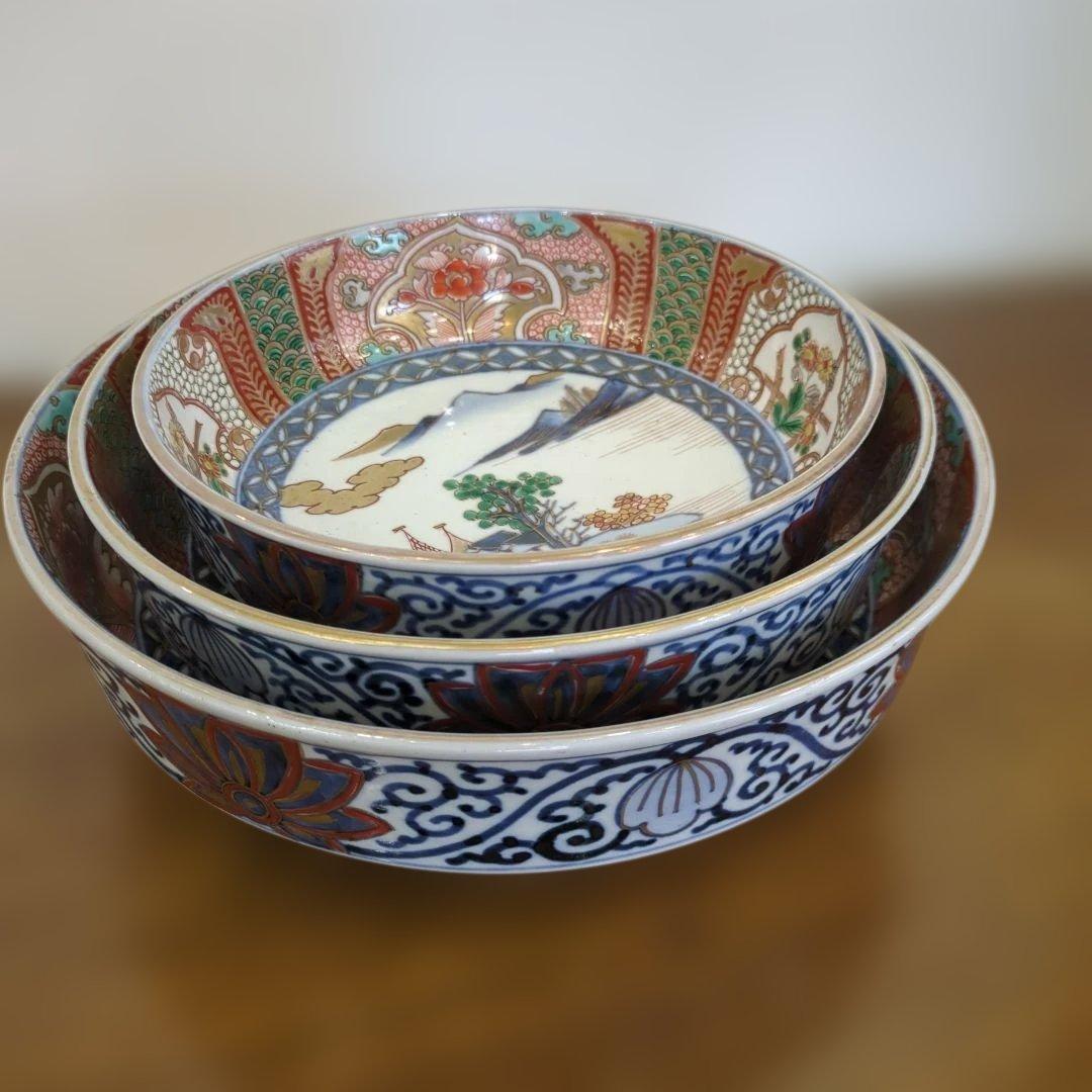 骨董 古伊万里 染錦 三っ丼 大中小 3つ 美品 鉢 器