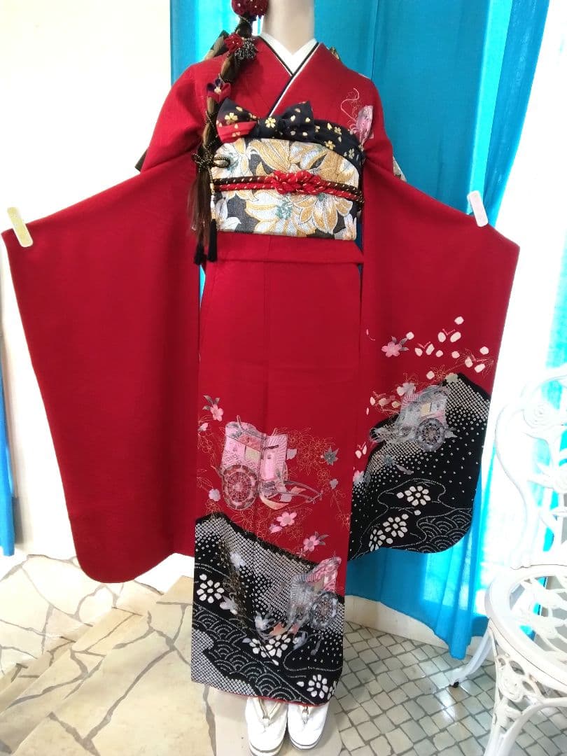 振袖フルセット、やまと誂製絞り成人式、重ね衿帯揚げ帯締め、袋帯