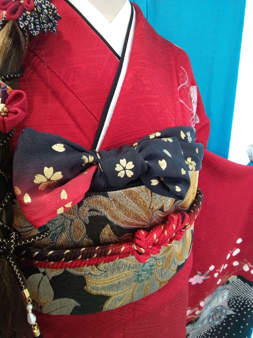 振袖フルセット、やまと誂製絞り成人式、重ね衿帯揚げ帯締め、袋帯