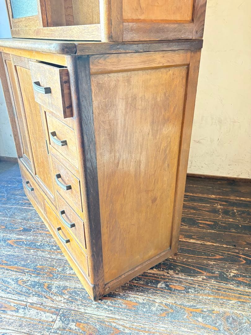 ダイヤガラス 作業台付き レトロ 木製 キャビネット 水屋 食器棚