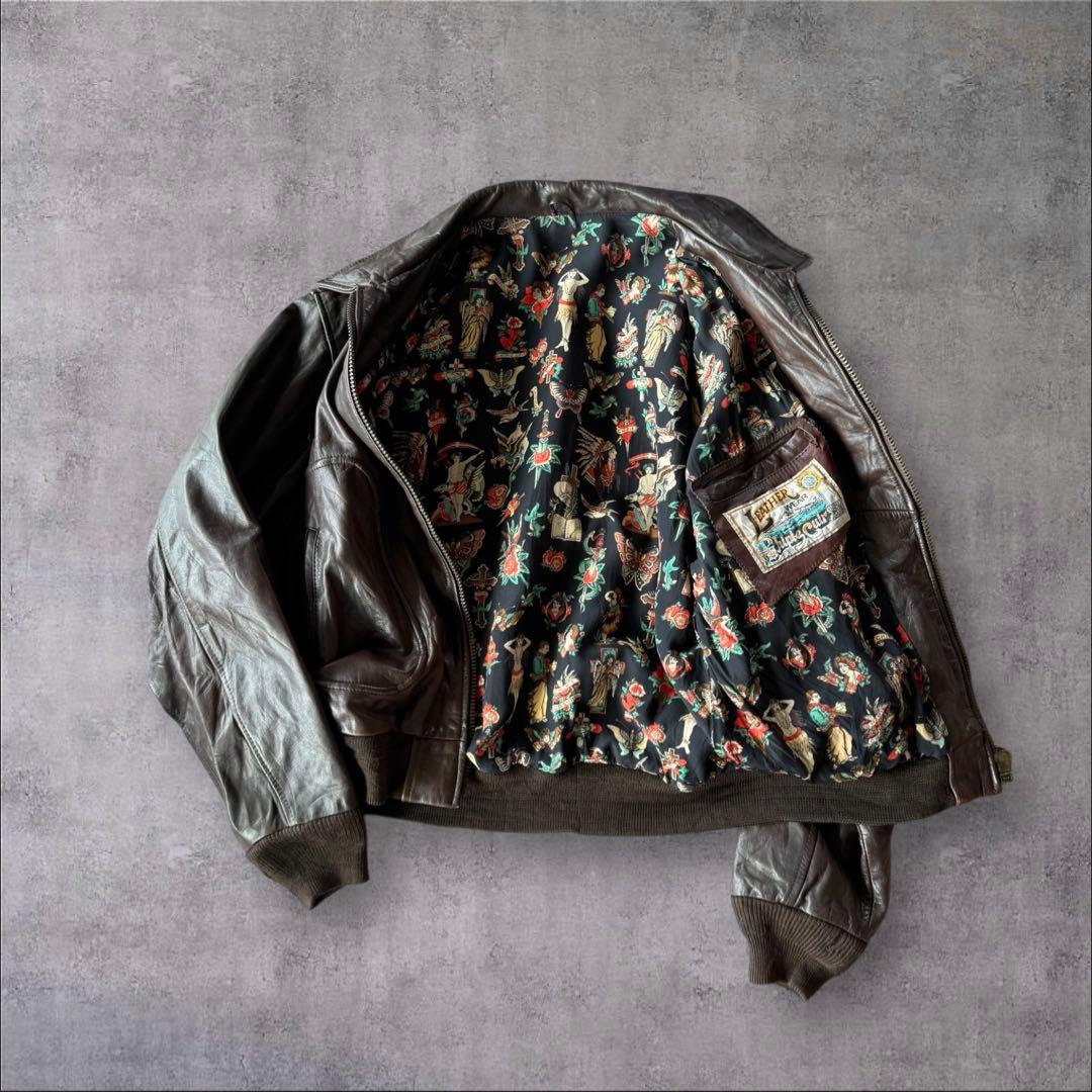 CHIPIE CUIR A-2typeレザージャケット 総柄裏地 ダークブラウン