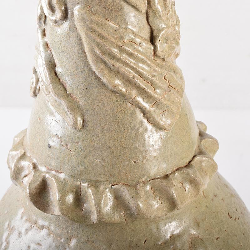 中国 唐時代 越州窯 青磁 虎貼花文 皈依瓶 日月壺 共箱 V R8771B