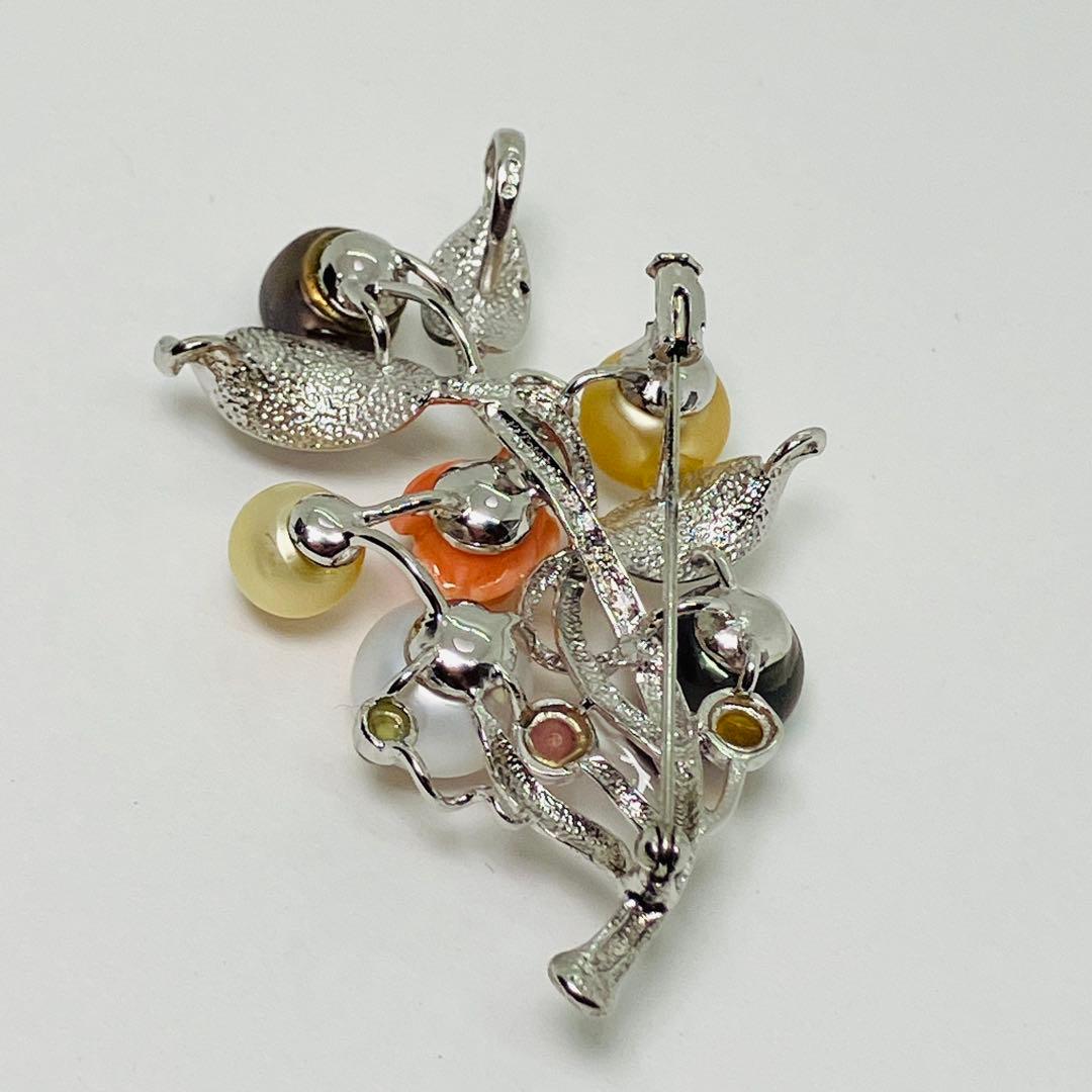 シルバー925 南洋真珠 タヒチ黒真珠 マルチ石付き ブローチ