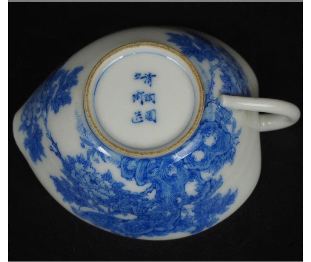 送料無料　明治期美濃焼の名工　加藤五輔造染付細密画牡丹之図茶器