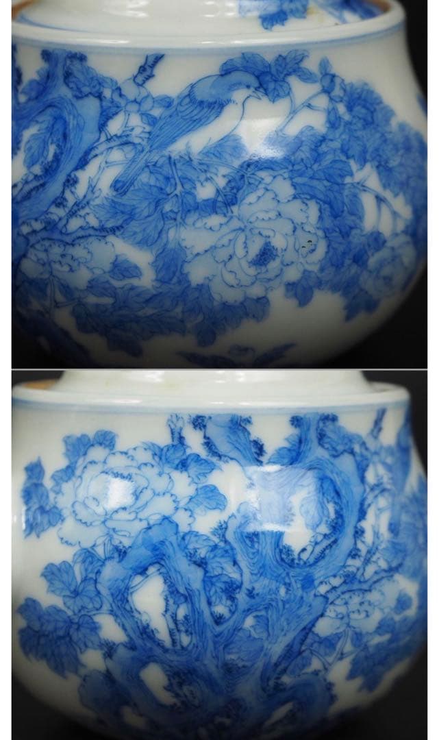 送料無料　明治期美濃焼の名工　加藤五輔造染付細密画牡丹之図茶器