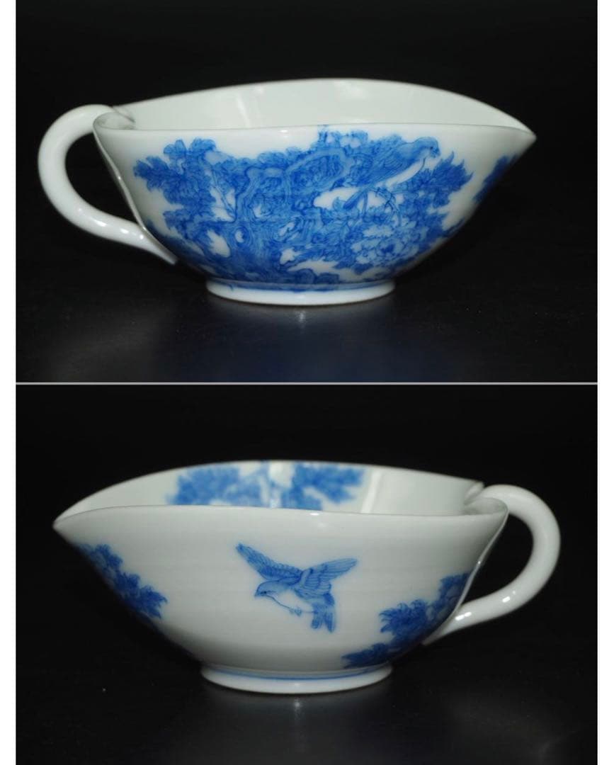 送料無料　明治期美濃焼の名工　加藤五輔造染付細密画牡丹之図茶器