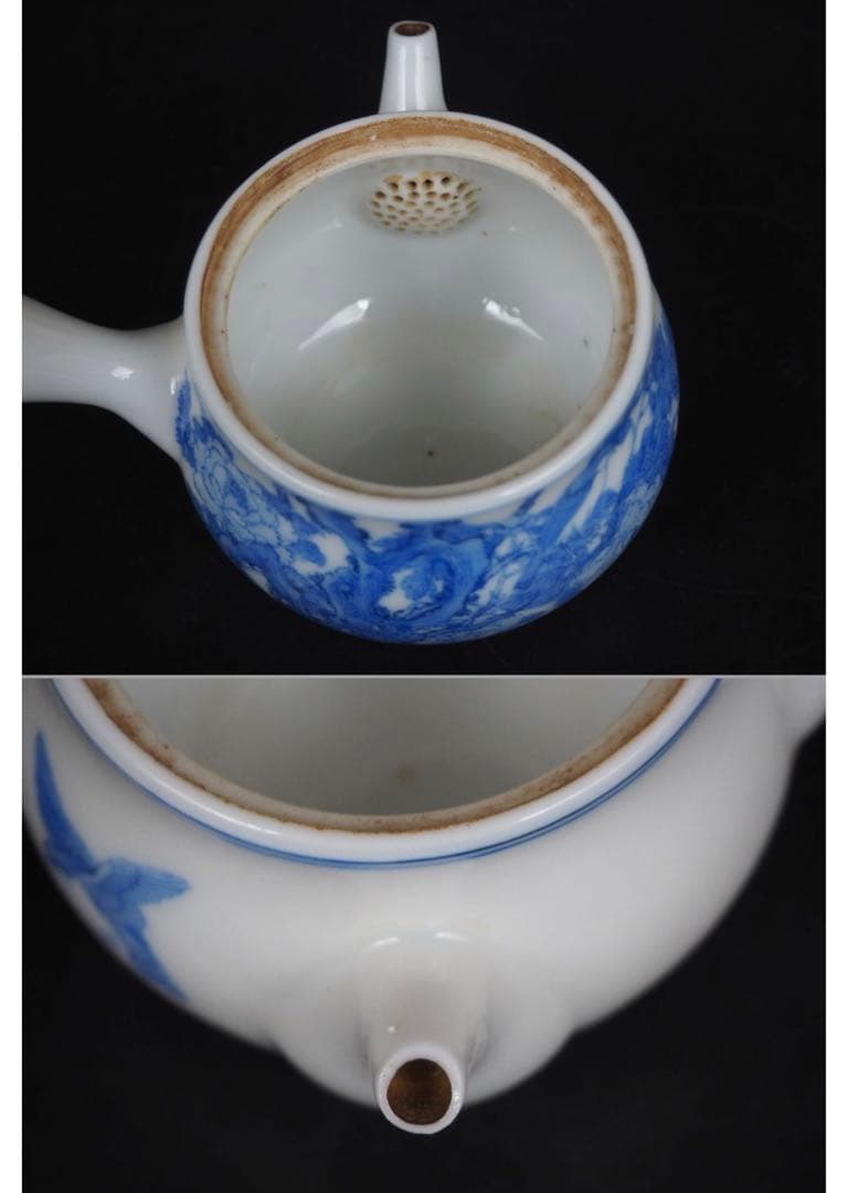 送料無料　明治期美濃焼の名工　加藤五輔造染付細密画牡丹之図茶器