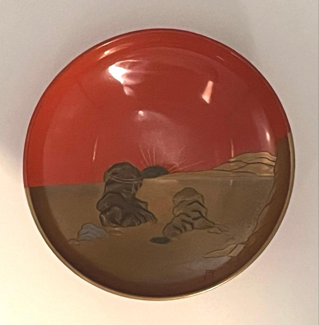 三つ組盃 金銀蒔絵 塗り師 春仁造 箱入り 田子の浦 二見ヶ浦 三保松原