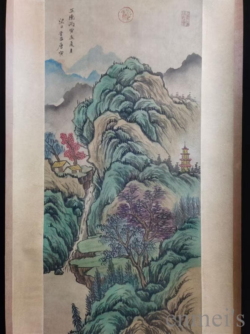 中国古美術.唐寅款.山水画.宣紙画.三尺手描き.肉筆.掛け軸.絵画.書道