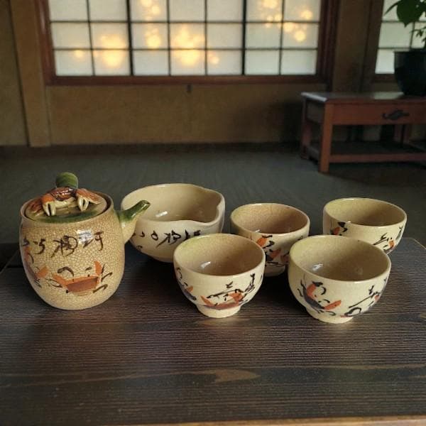 煎茶器セット 急須 湯冷まし 湯呑 骨董 アンティーク 蟹の絵付け