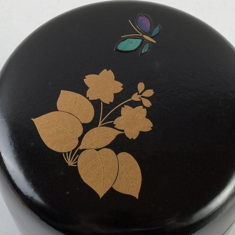 茶道具 堀川蒼雲作 螺鈿装飾 花蝶蒔絵 中棗 共箱 V 9363